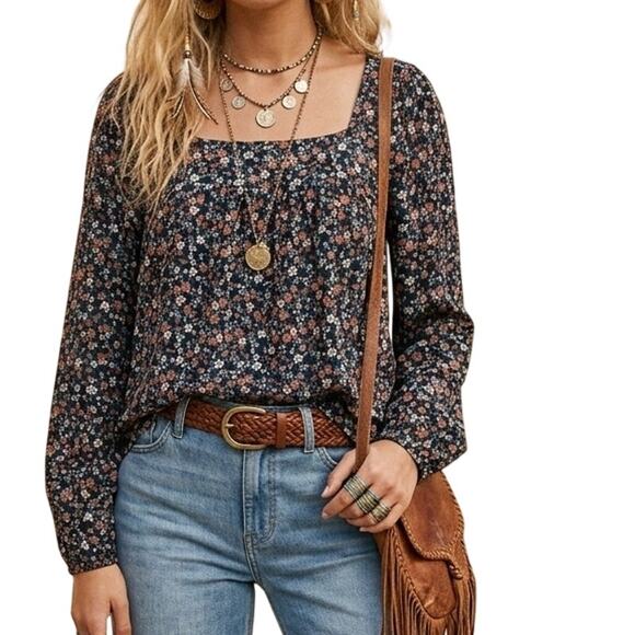 Lucky Brand Tops - Lucky Brand Blue Floral Long Sleeve Tee Womens Large Square Neck Knit Boho Top
